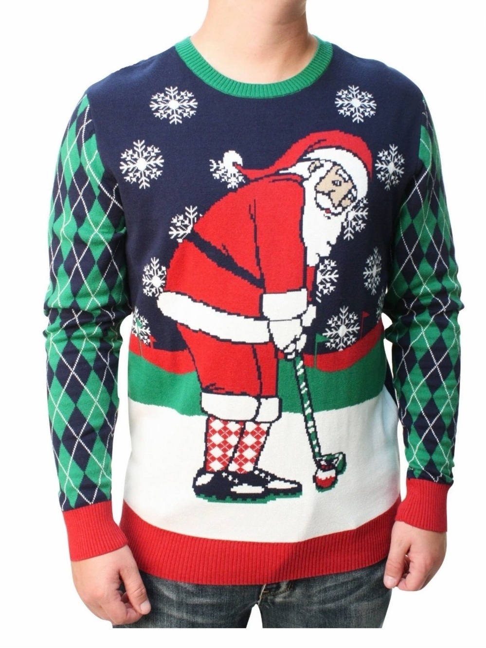 Ugly Christmas Sweater Santa Golf Crewneck - Navy/Red/Green/White NWT Size Large